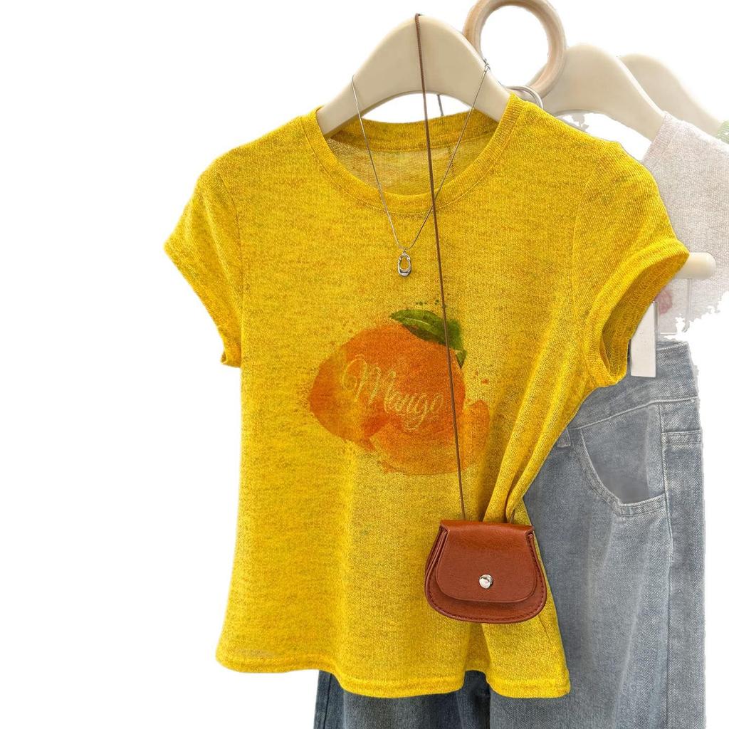 Women's 2025 Summer Slimming Printed Round Neck T-Shirt with Straight Shoulder Design and Short Sleeves