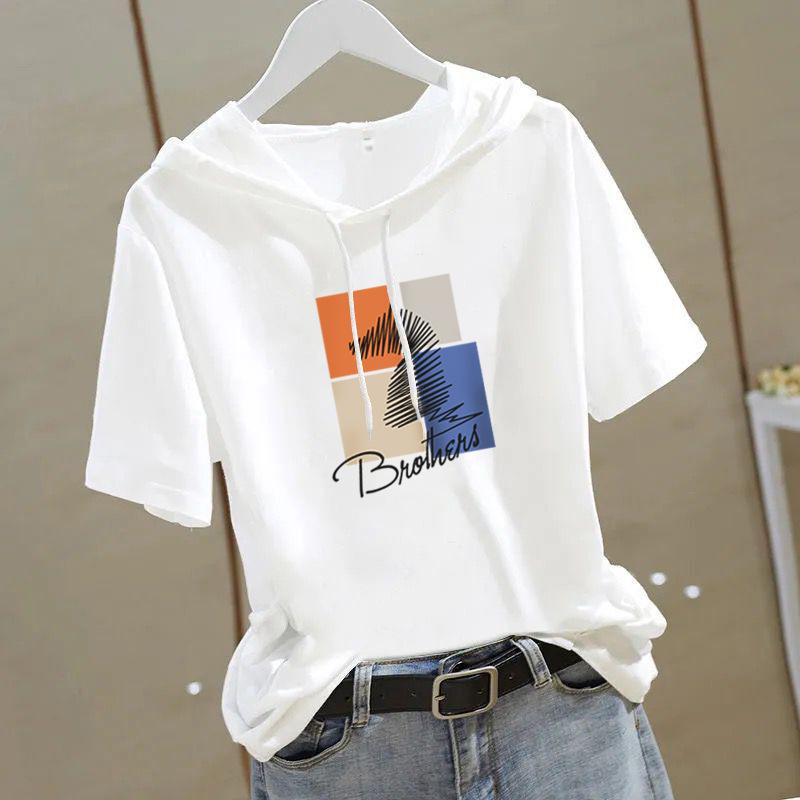 Women's 2025 Summer Korean Style Hooded Loose Fit Cotton T-Shirt