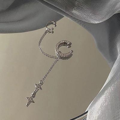 Glänzend silberfarbener, nicht durchdringender Manschetten-Ohrclip-Ohrring mit Quaste für Frauen