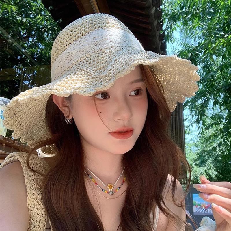 Women's Summer French Style Floral Lace Bowknot Straw Hat Beach Vacation Wide Brim Sun Protection Sun Hat