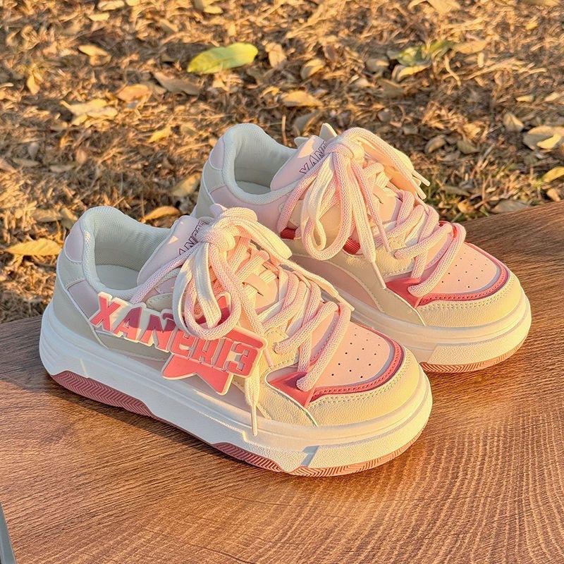 Girls Pink Little White Shoes Children Spring and Autumn New Ins Trendy Letters Versatile Leather Thick Baseplate Shoes