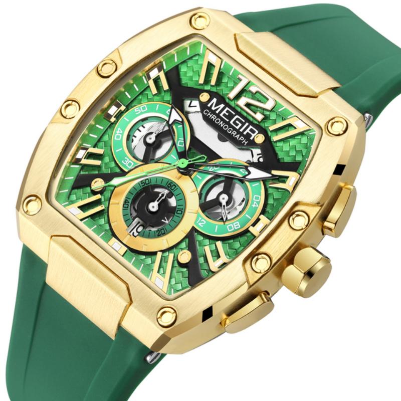 MEGIR Tonneau Fashion Men's Quartz Watches Brand Waterproof Chronograph Sports Wristwatch Silicone Strap Auto Date