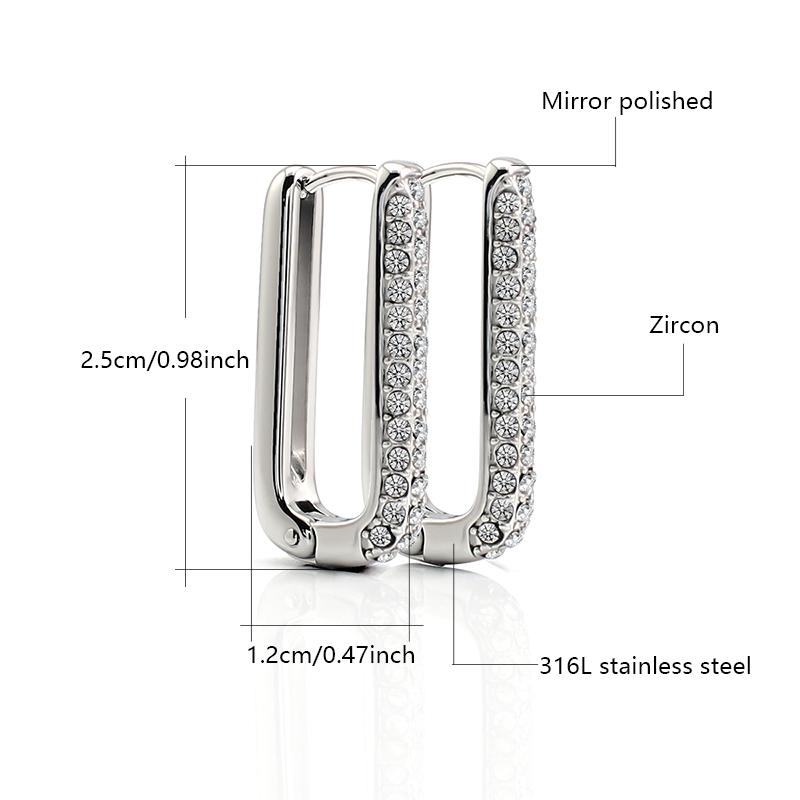Hot Sale Bling Silver Plated Huggie Hoops Stainless Steel Rectangle Zircon Earrings for Women Wedding Party Jewelry
