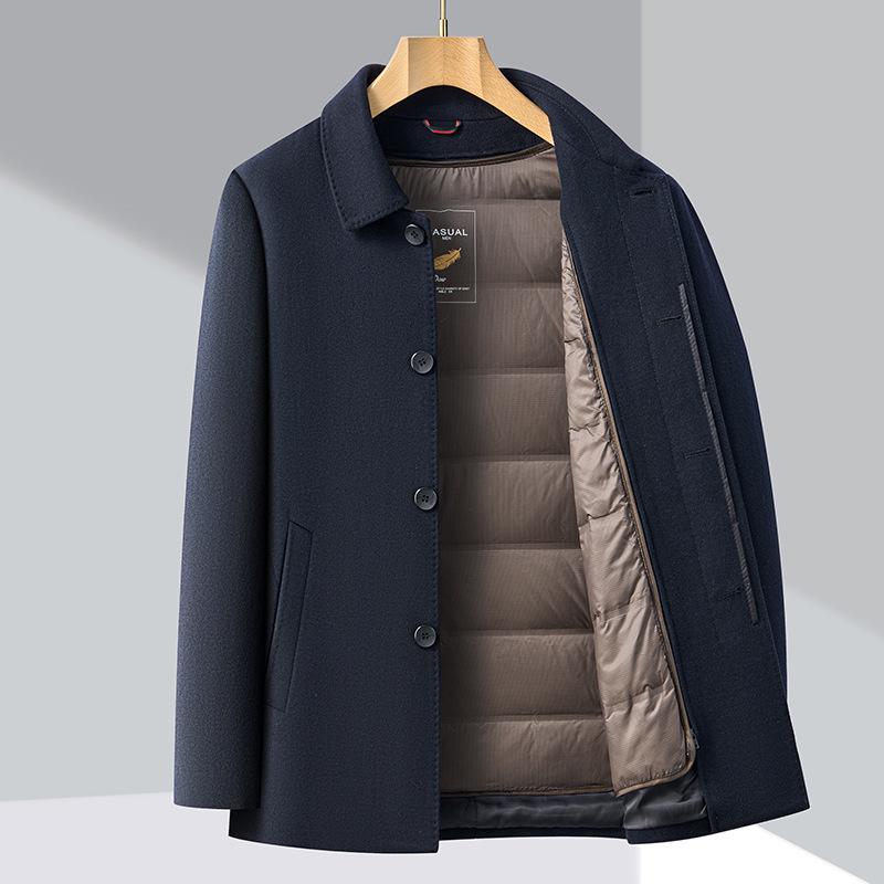 Men's Wool Jacket with Detachable Down Liner - Short Lapel Coat for Middle-aged & Elderly