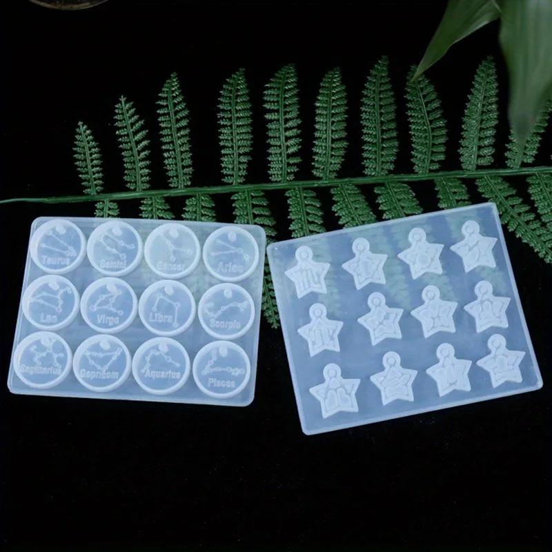 12 תבניות שרף של גלגל המזלות, תבנית יציקת סיליקון עגולה בצורת כוכב של סימן גלגל המזלות, לחומרי יצירה ותכשיטים DIY