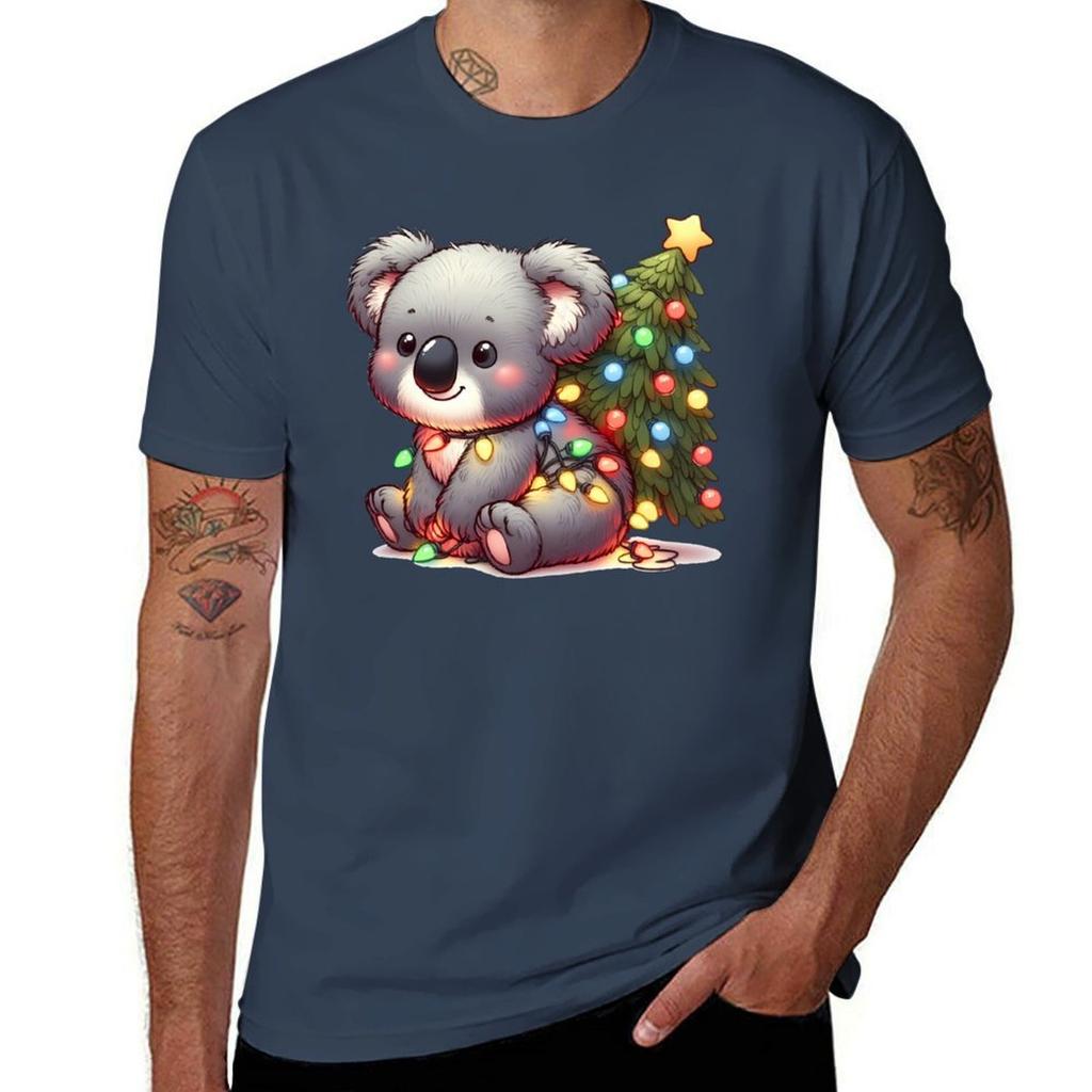 Cute Christmas Koala Tangled Up In Christmas Tree Lights TShirt Casual Fashion Short Sleeve Cotton TShirt