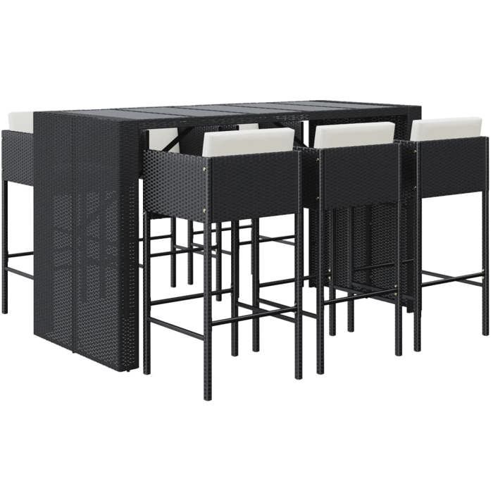 VidaXL Ensemble de bar de jardin 7 pcs avec coussins noir poly rotin, ensemble de table de bar, table et chaise de bar, 3200664