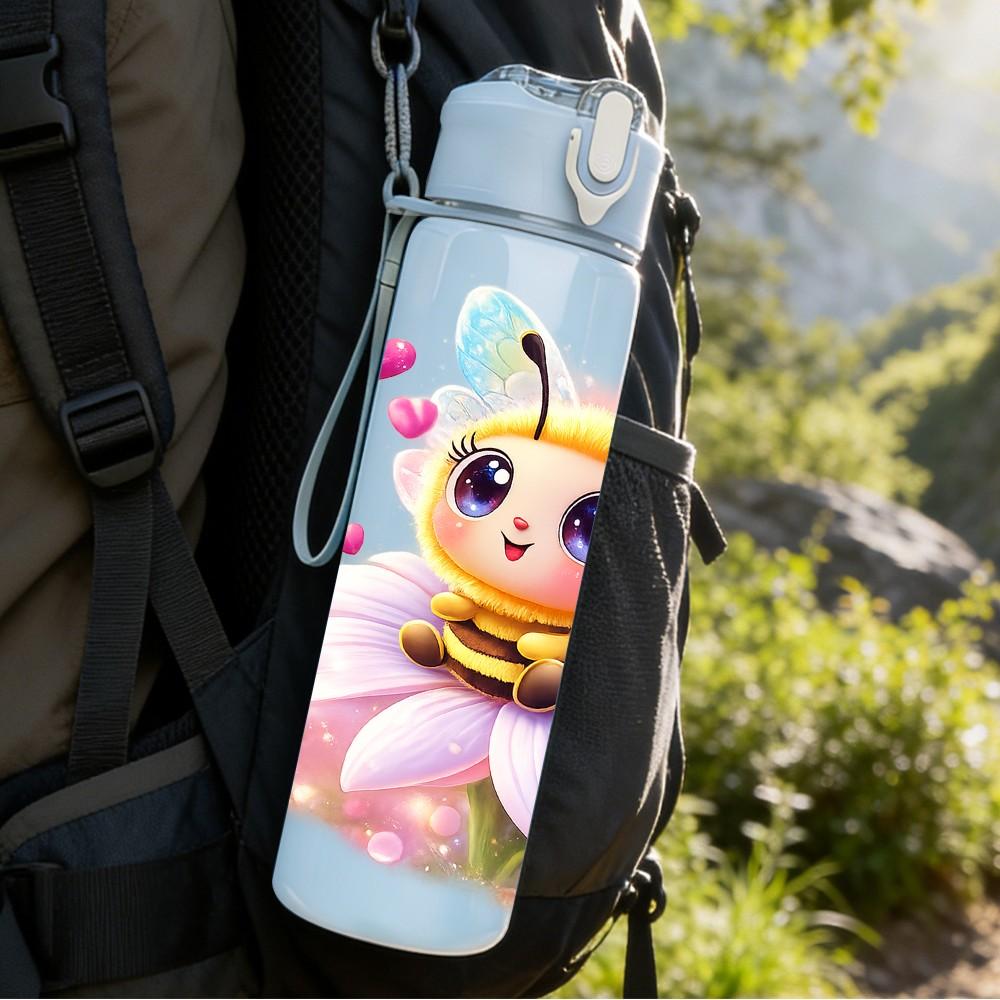 1PC Cute Fairy Bee Cartoon Print 750ml Color Plastic Sports Water Bottle Leakproof Flip Straw Lid Suitable for Sports Office Home Use