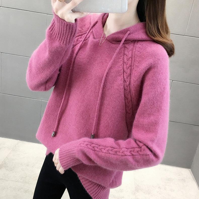 

Свободный пуловер для женщин Свободный однотонный вязаный свитер С длинными рукавами Вязаная толстовка с капюшоном Пальто на осень и зиму 2XL розы красного