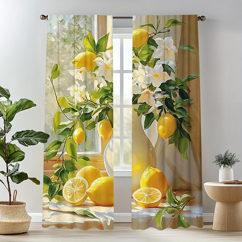

2Pc Vintage Lemon And White Flower Print Curtains Polyester Fabric Machine Washable, Suitable For Bedroom Living Room Decoration 53x116cm &2pc