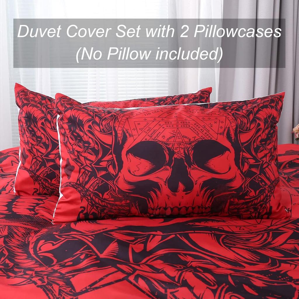 Roter Totenkopf Bettbezug Gothic 3D Tattoo Gedrucktes Bettwäsche-Set 3-teilig Halloween Mikrofaser Bettdeckenbezug mit Reißverschlussbändern + 2 Kissenbezüge