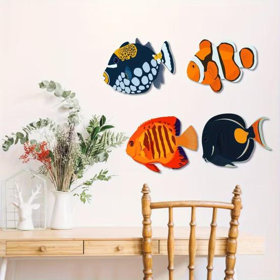 4 Stück Holzfisch Nautische Wanddekoration Rustikal Fischschwarm Wandkunst Küstenthema Ozean Wandskulptur für Seehaus Zuhause Badezimmer Schlafzimmer