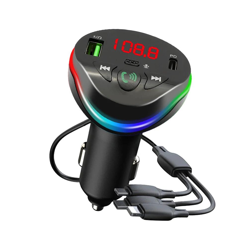 Bluetooth 5.0 FM Transmitter Car MP3 Modulator Player Handsfree Audio Receiver PD+USB Phone Charger With 3 in 1 Charge Cable