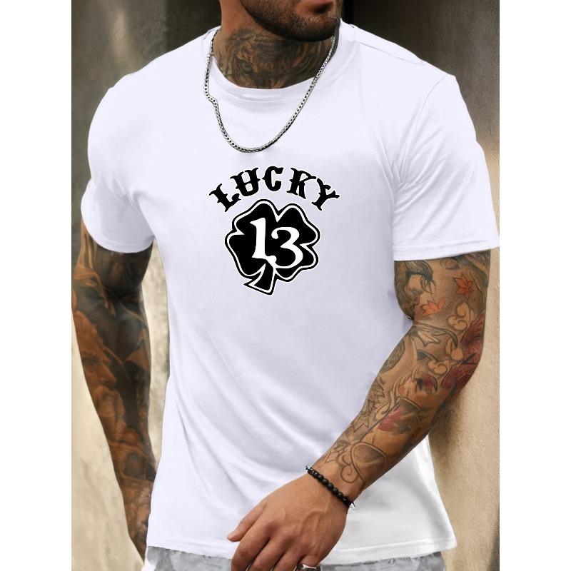 Europäische Größen Herren Glückszahl 13 Symbol T-Shirt - Kurzarm Einfarbig 13 Aufdruck Rundhals Sommer Freizeit T-Shirt