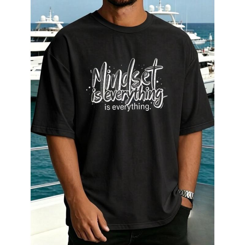 European Size Men Graphic Tee, Mindset is Everything Vintage Typography Print, Streetwear Casual Short Sleeve Shirt for Spring Summer
