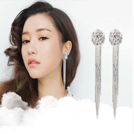 Women Shiny Rhinestone Long Tassel Dangle Stud Earrings Fashion Bride Jewelry