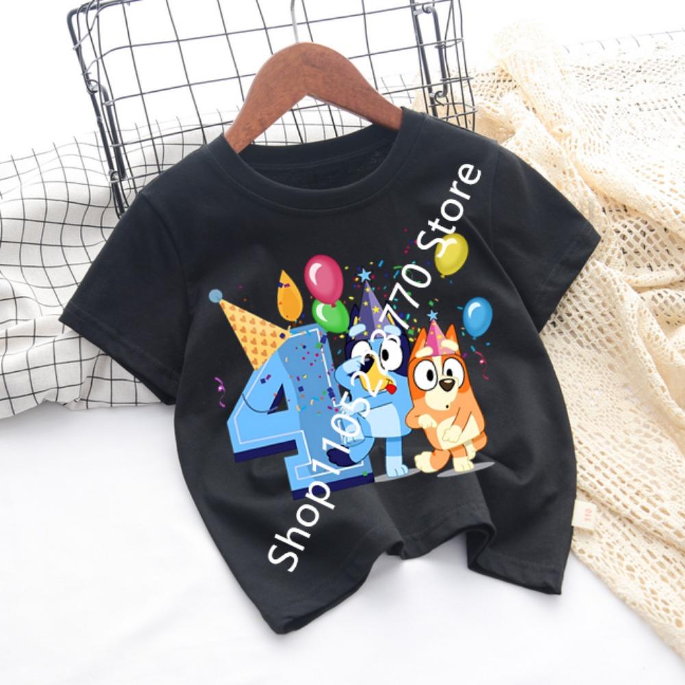 Bluey Baby Birthday T Shirt for Boys Girl Bingo Number Kids Clothes Summer Cartoon Letter Tees Shirts Toddler Short Sleeve Tops