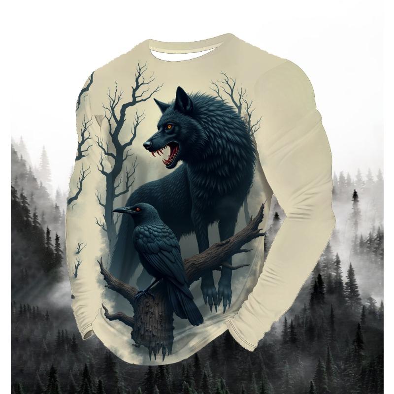2024 Men's Fashion Print Round Neck Long Sleeve Party Autumn Sports Casual Pullover Men 3d Lonely Wolf Blue Print Tops