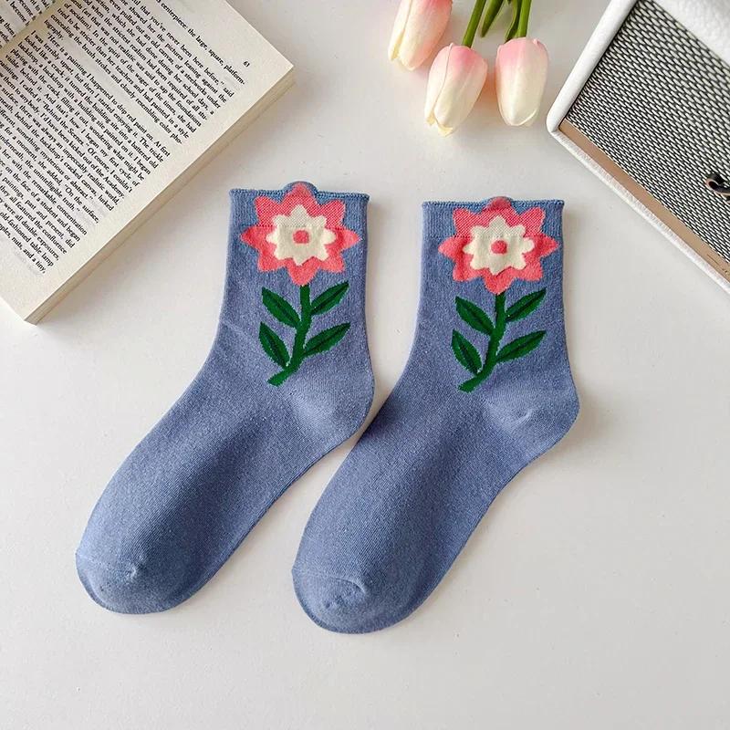 Women Socks Korean Japanese Style Cartoon Green Flower Harajuku Cute Kawaii Mid Tube Socks Breathable Casual Short  Cotton Socks