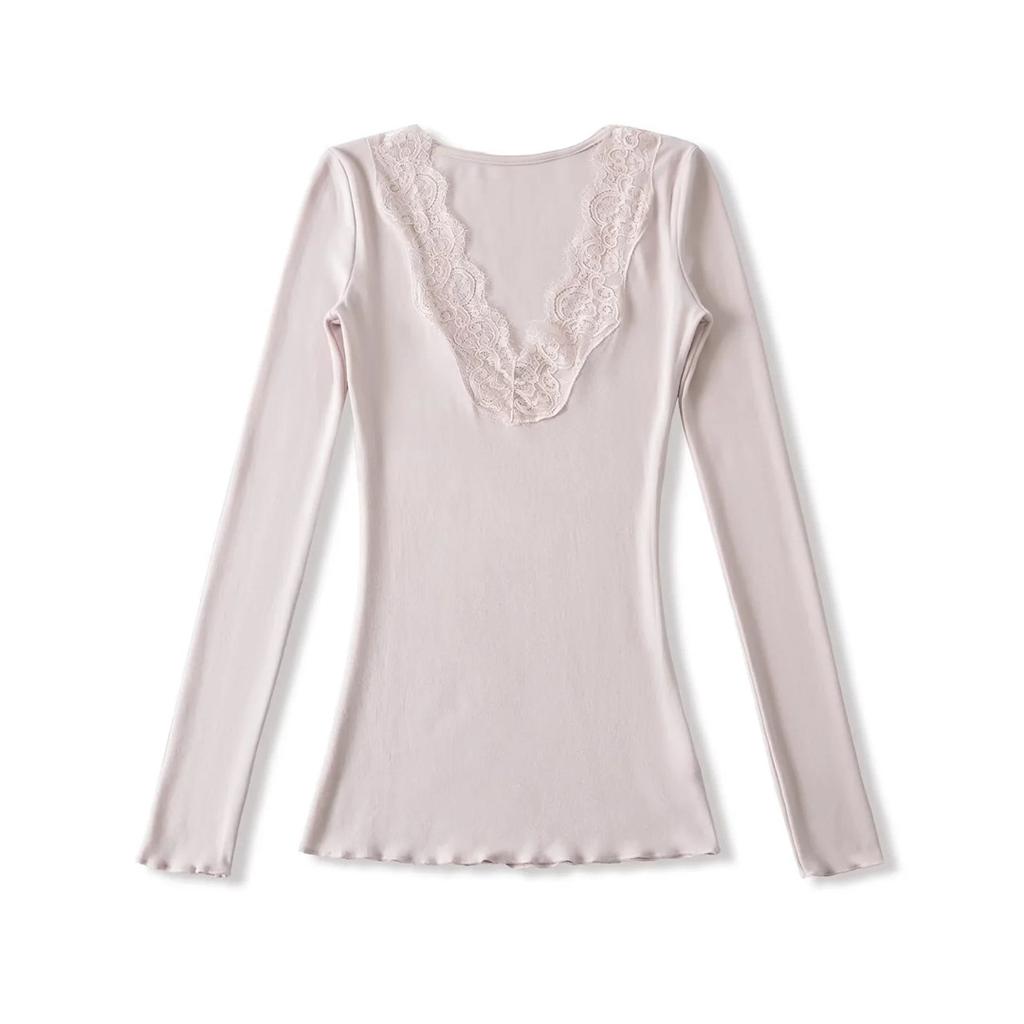 Women's V Neck Long Sleeve Lace Trim Top Slim Fit Solid Color Casual Sexy Pullover