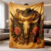 2026 Latest Flannel Blanket Western Style Plush Blanket with Cow Skull & Red Roses Soft, Lightweight Throw for Sofa, Bed, Travel, and Camping Rustic H