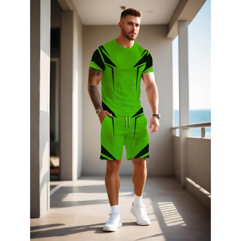 

Unlock the new summer trend for men: creative 3D printing patterns, casual round neck short sleeves with drawstring waist yellow suit S