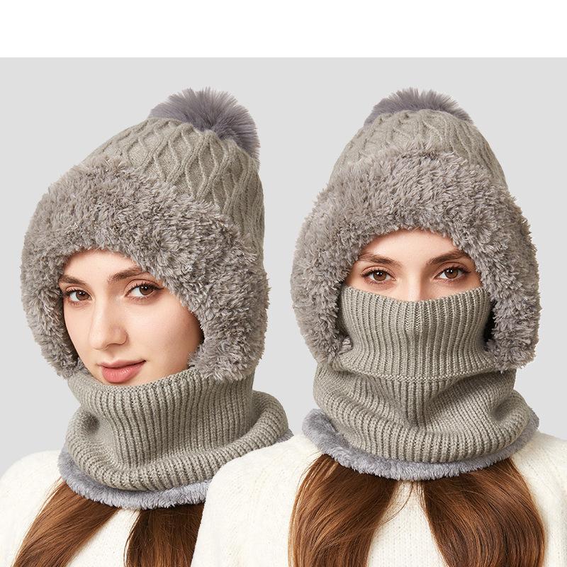 Knitted Hat Thick Velvet Mask Scarf All-in-one Hat   Winter Warm Hat for Women