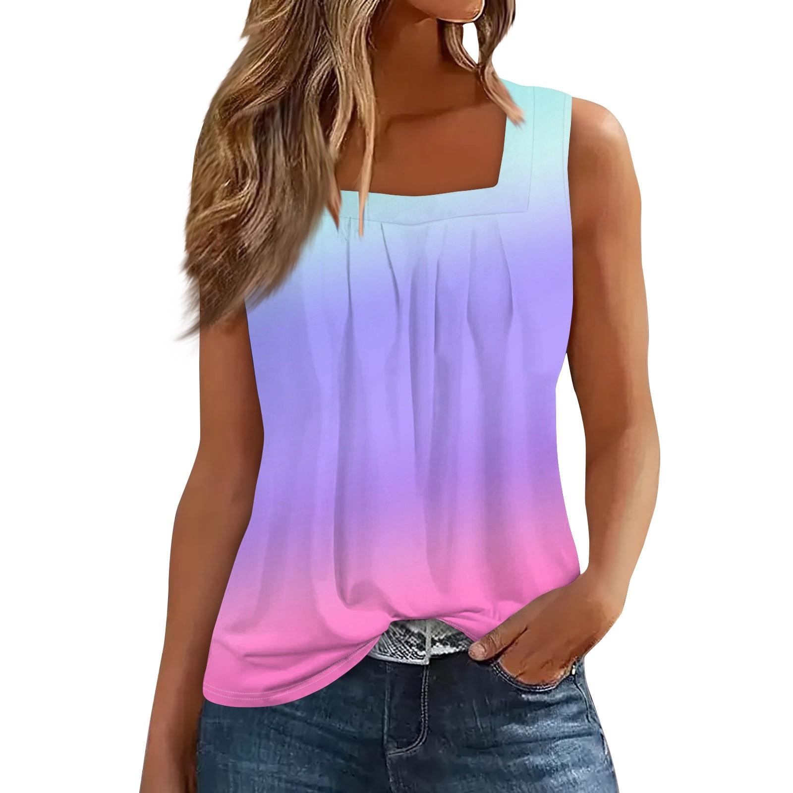 

Женская мода повседневная плиссированная жилетка без рукавов с квадратным воротником и принтом летняя футболка XXL фиолетовый