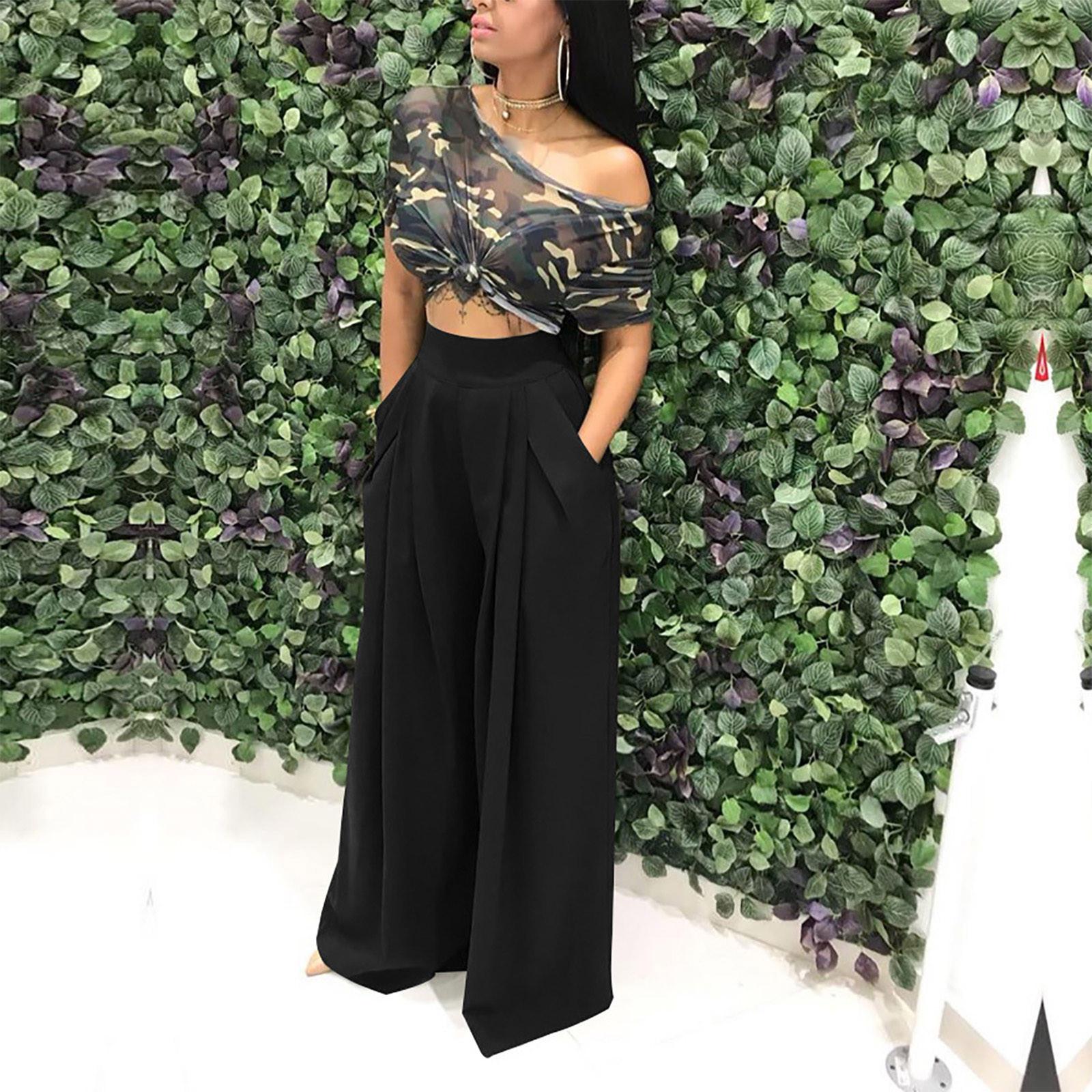 

Женская мода плюс размер, однотонные брюки с высокой талией, расклешенные повседневные брюки с широкими карманами и карманами L чёрный