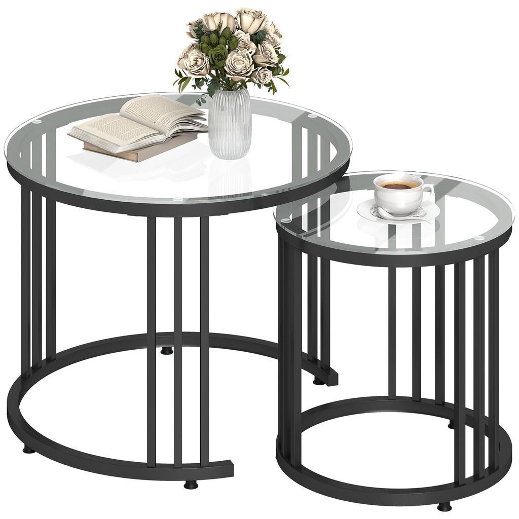 Round Coffee Tables Set Of 2 Nesting Tables With Tempered Glass Top And Steel Frame Black
