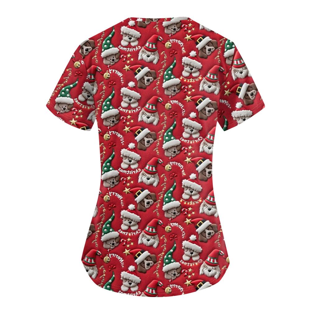 Damska Modna Codzienna Koszulka z Kieszenią i Świątecznym Nadrukiem