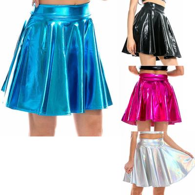 Womens Shiny Metallic Ruffle Glossy Mini Skirts Punk Party Clubwear Streetwear High Waist Flare Skirt Rave Cocktail Costume