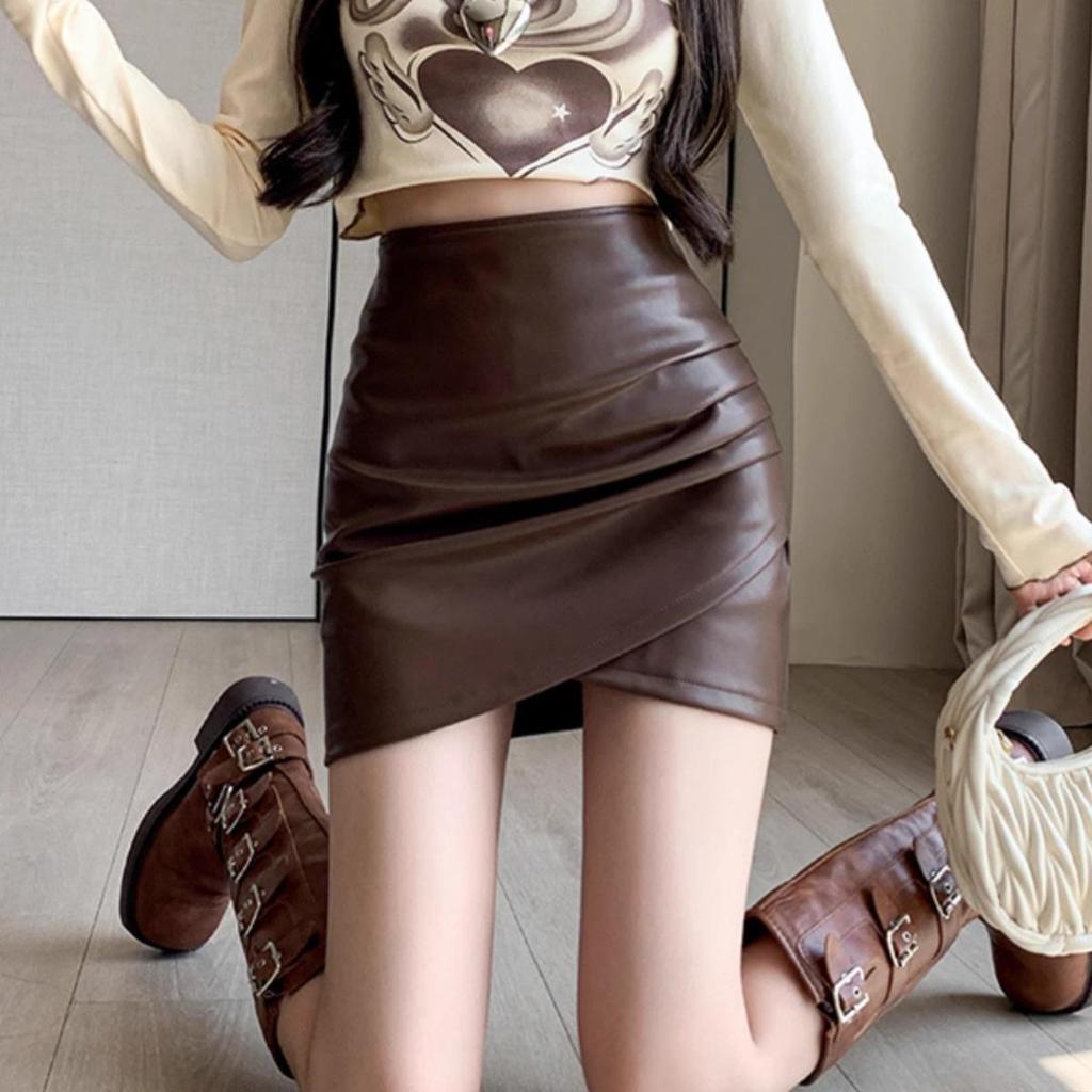 2025 New Autumn Women's Brown High Waist Leather Mini Skirt