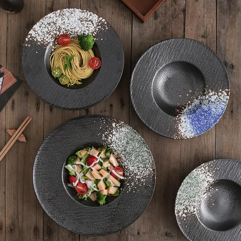 Japanese Western Pasta Deep Plate Seat Ufo Salad Plate Household Black Ceramic Straw Hat Bowl