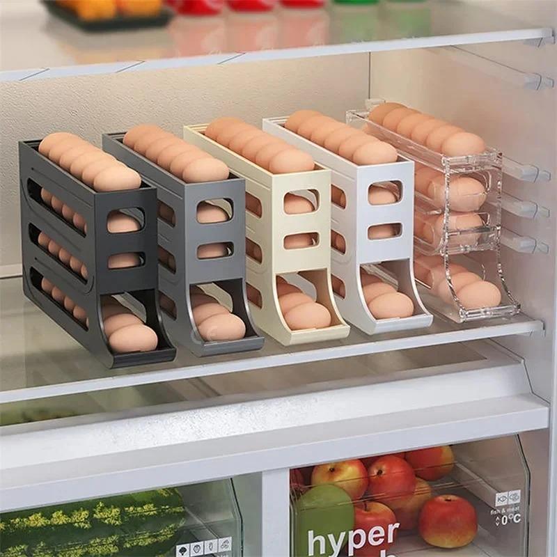 4 Tier Fridge Egg Rack Automatic Rolling Egg Holder Storage Box Container Kitchen Refrigerator Egg Dispenser Fridge Organizer