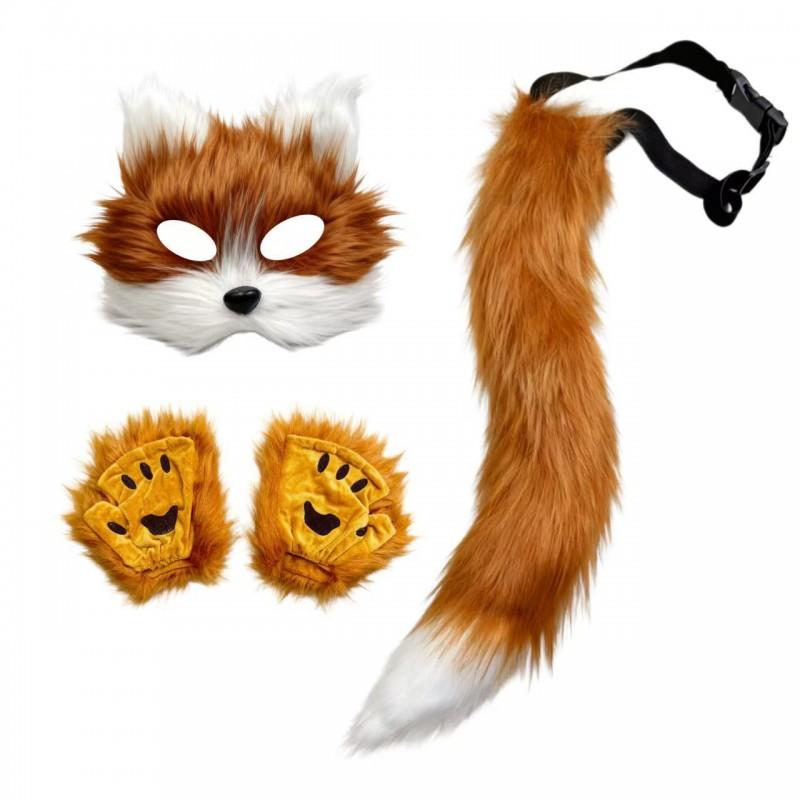 Halloween Cosplay Set Women Cute Cat Mask Plush Claw Gloves Fox Tail Accessories