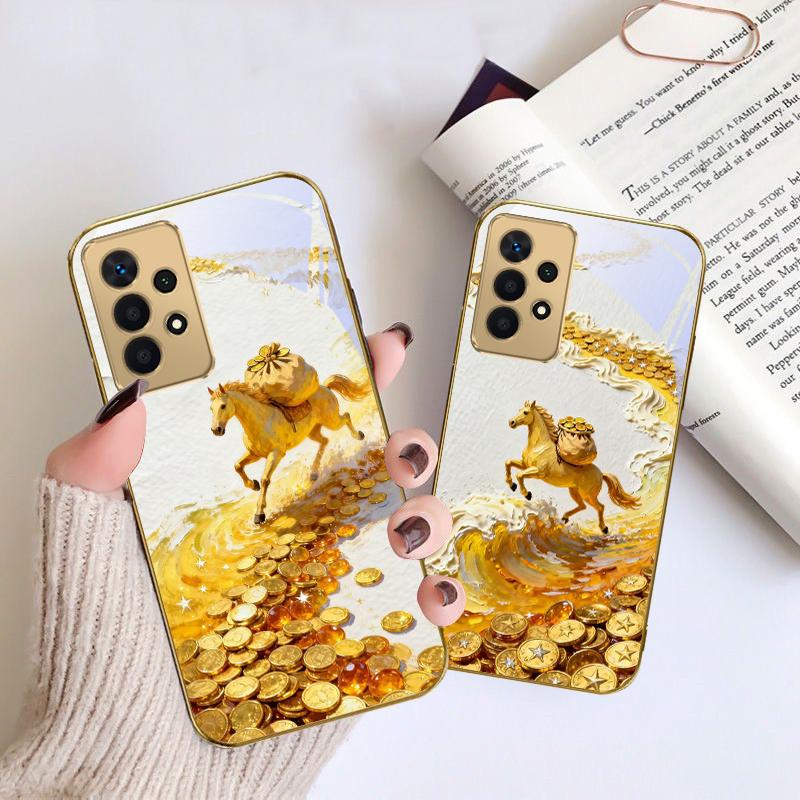 golden galloping horse For Samsung A 01 52S A04 A05S A10 A12 A13 22 23 24 36 42 M02 Note 10 20Ultra 8 9 Golden glass phone case