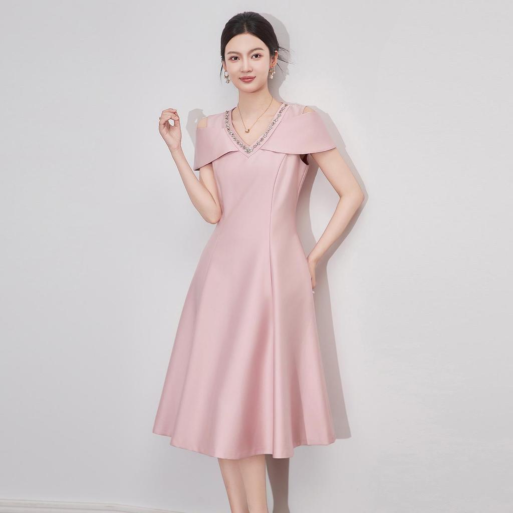 Elegant French V-Neck Off-Shoulder Summer Evening Dress - Light Luxury Studded Waist-Hugging Design