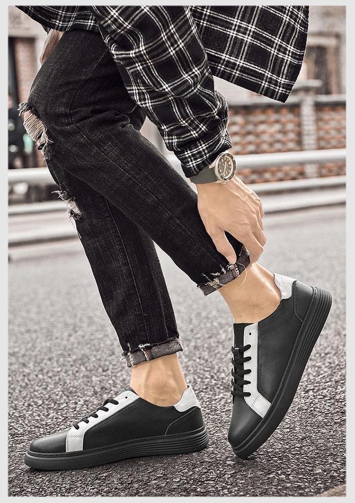 Men's Genuine Leather White Sports Shoes: Trendy, Breathable, Versatile British Casual Style.