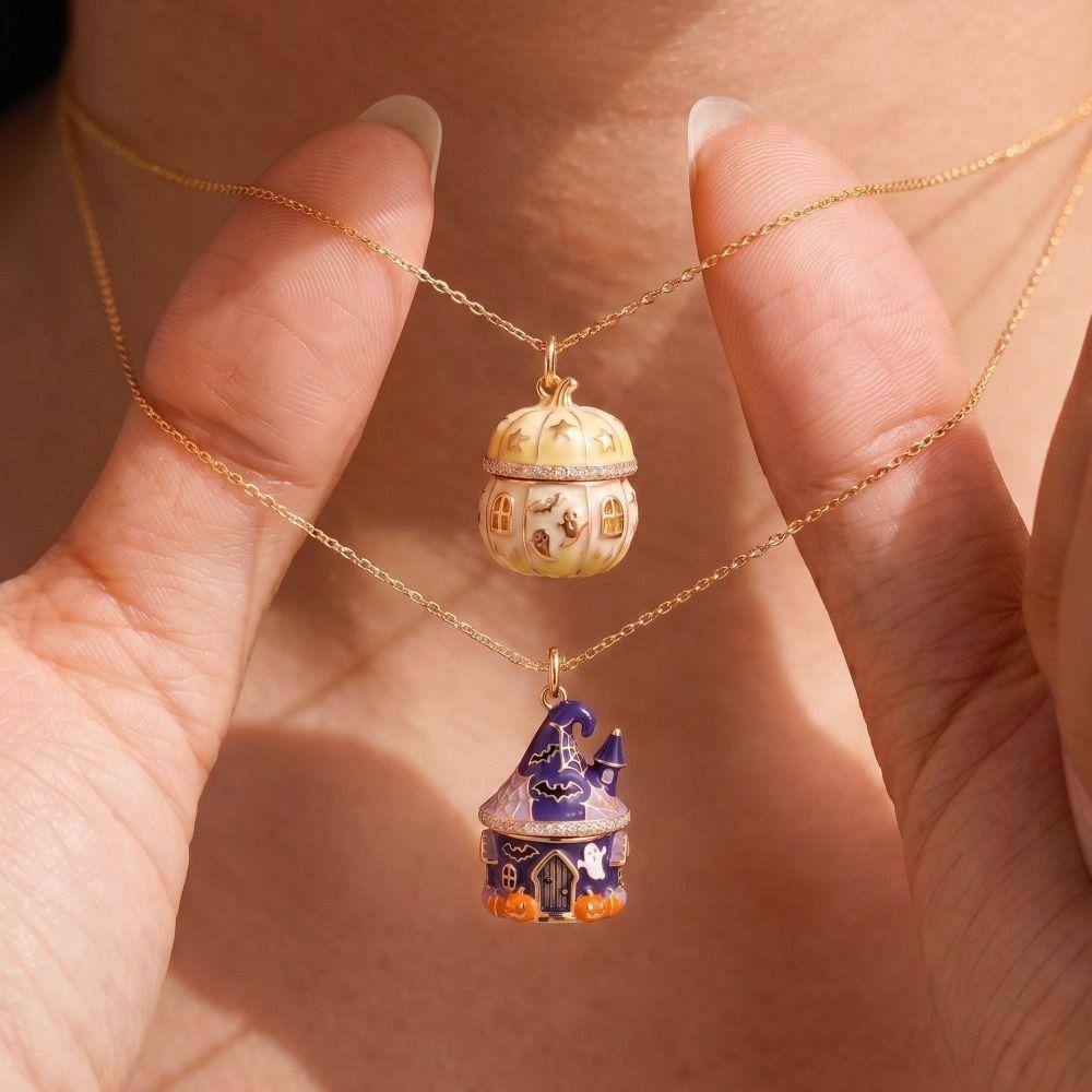 Copper Halloween Necklace Enamel Craft Ghost Necklace Pumpkin House Necklace Halloween Party