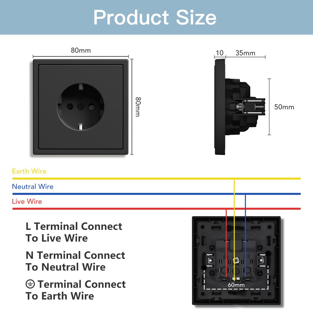 BSEED Single EU Socket 80*80mm Power Outlets Electric Sockets Plastic Frame Wall Socket White Black Gold Gray 16A E Series