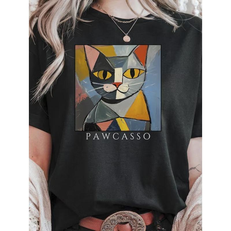 

Pure Picasso Cat Pattern Printed T-Shirt | Spring Summer Round Neck Short Sleeve Women S T-Shirt, Breathable Casual Sports Top, Holiday Gift W 4XL чорний
