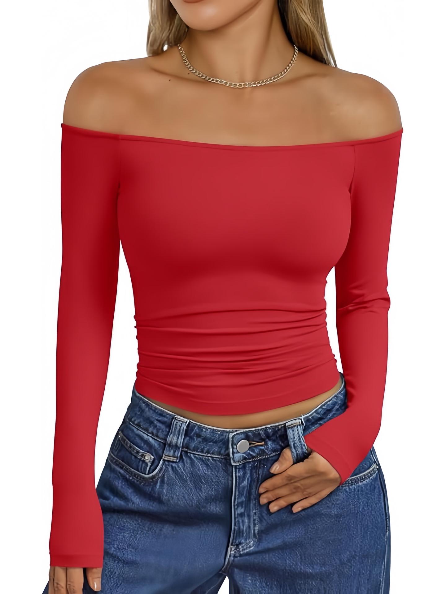 

2026 Stylish Slim-Fit One-Shoulder Long Sleeve Women s T-Shirt Large червоний