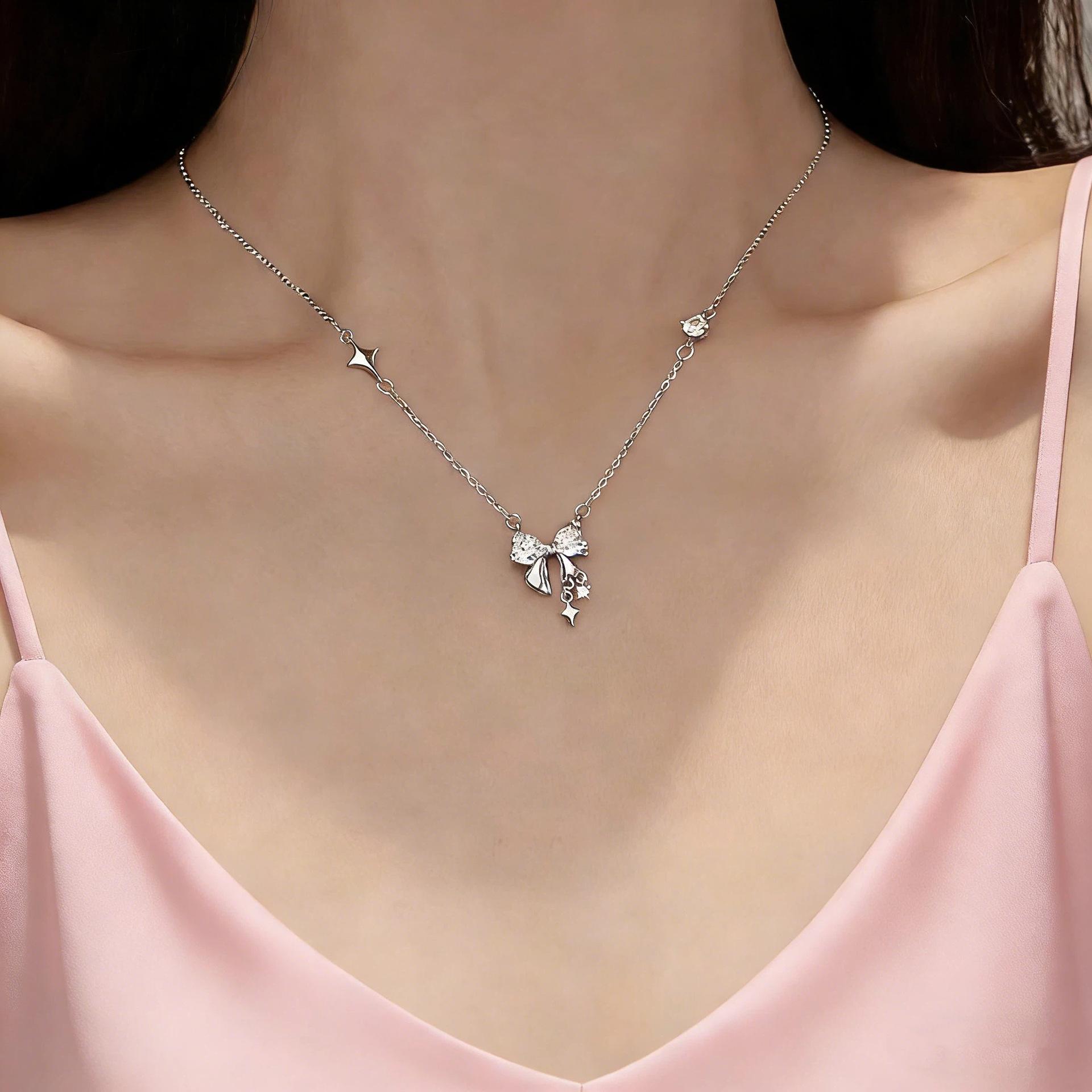 Sweet Bow Heart Necklace Minimalist Pink Heart Clavicle Chain Elegant Princess Women Jewelry 2