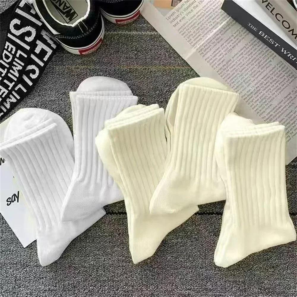 5 Pairs Mid Tube Polyester Cotton Women Socks Pack Set Japanese Fashion Solid Color Girls Vertical Stripes Socks