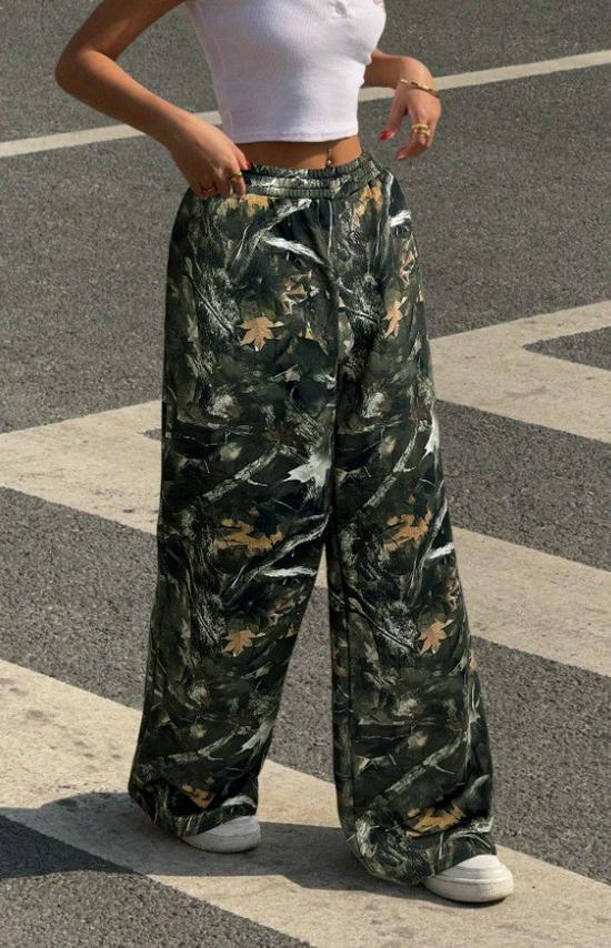 2025 Teen Fashion Camouflage Print Elastic Waist Wide-Leg Pants