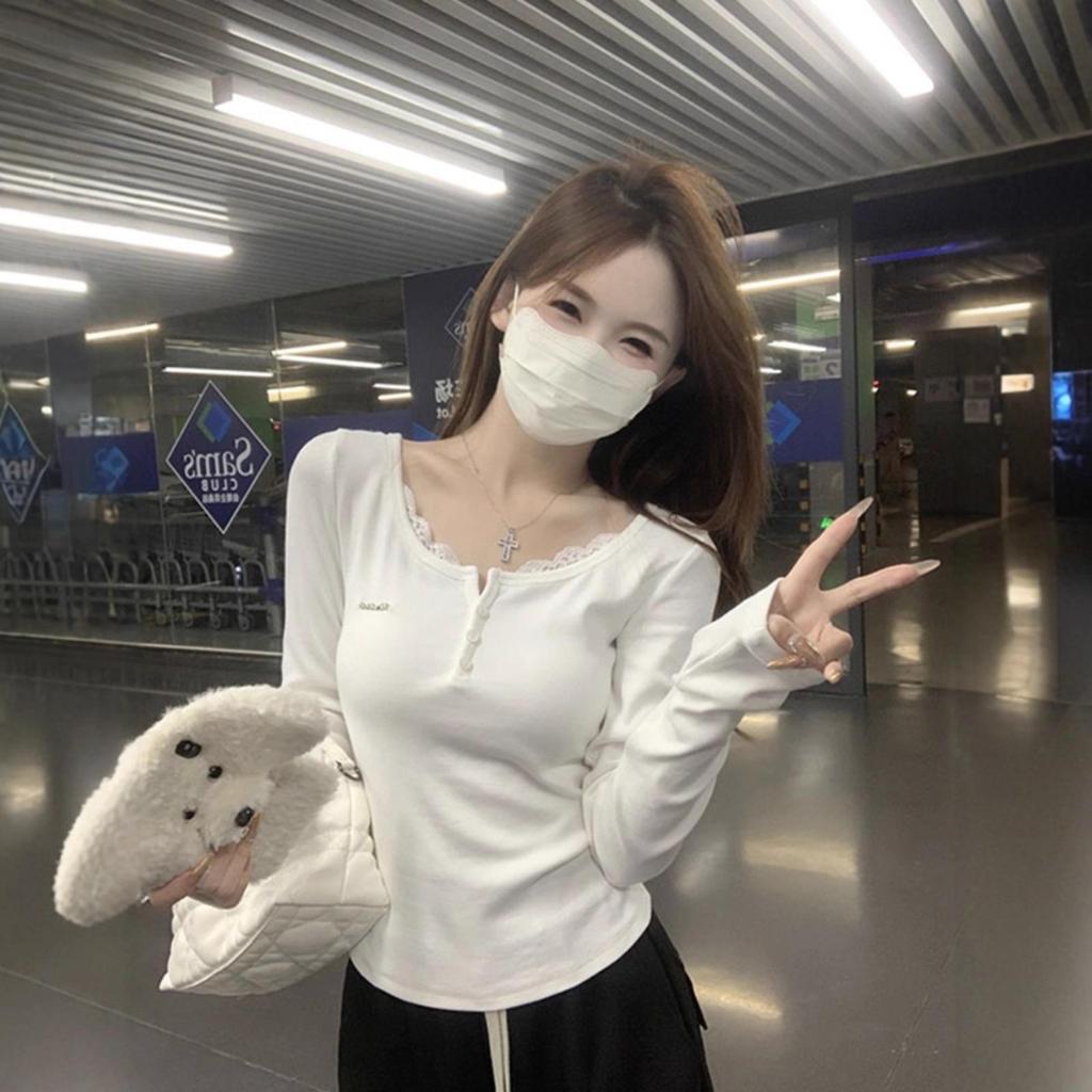 Damskjorta 2025 Snygg med spetskant, smal passform, lång ärm