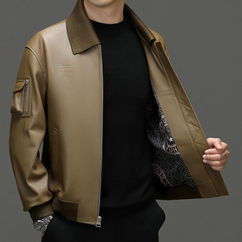 Spring and Autumn new first-layer sheepskin leather leather jacket men's middle-aged collar removable leather jacket casual jacket