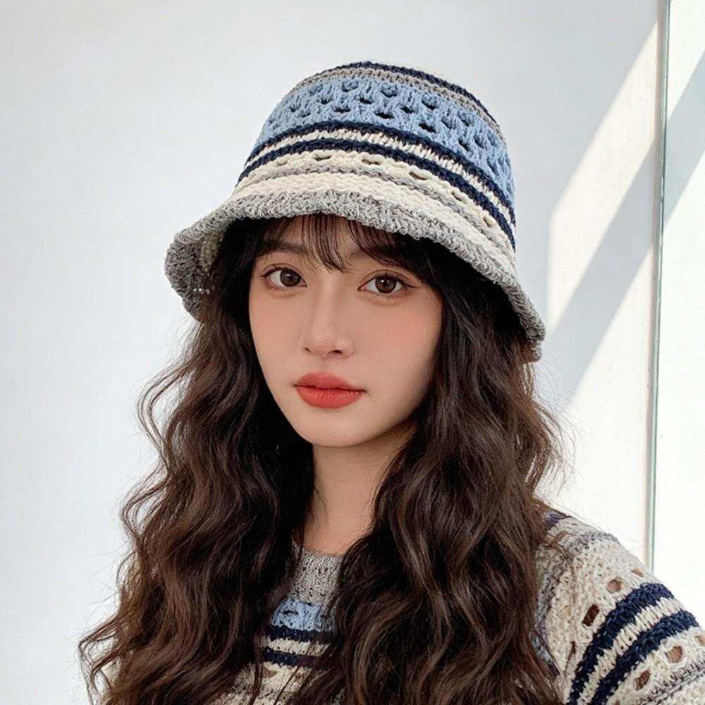 Wide Brim Crochet Panama Hat Breathable Beach Sun Hat Popular Striped Bucket Hat Daily