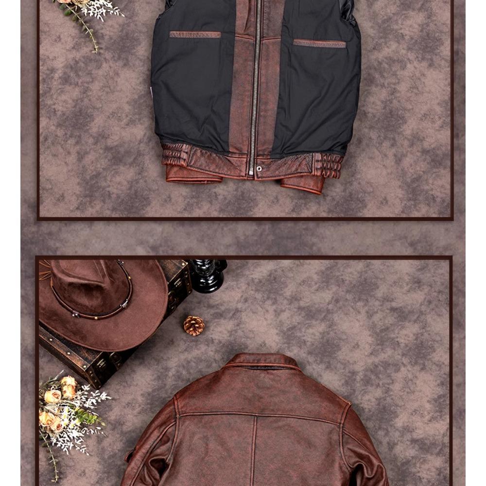 Chinese Size Brown Real Cowhide Hunting Leather Jacket Men Genuine Leather Coat Winter Pockets Jackets